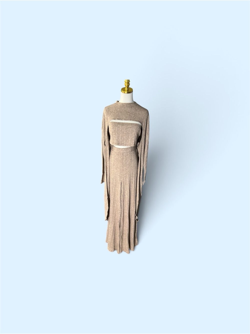 Beige Maxi Knit Dress with White Contrast Trim